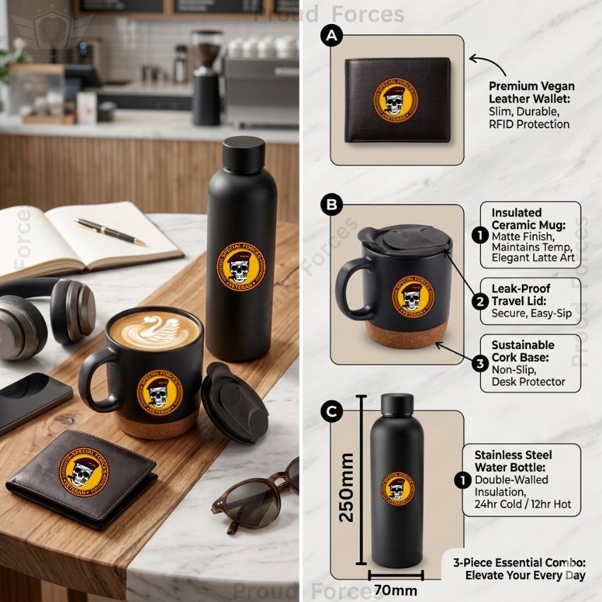 Special Forces Veteran Premium Combo Pack of 3 – Bottle, Coffee Mug & Leather Wallet