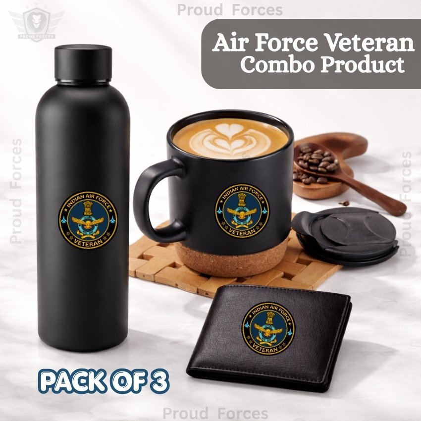 Indian Air Force Veteran Premium Combo Pack of 3 – Bottle, Coffee Mug & Leather Wallet