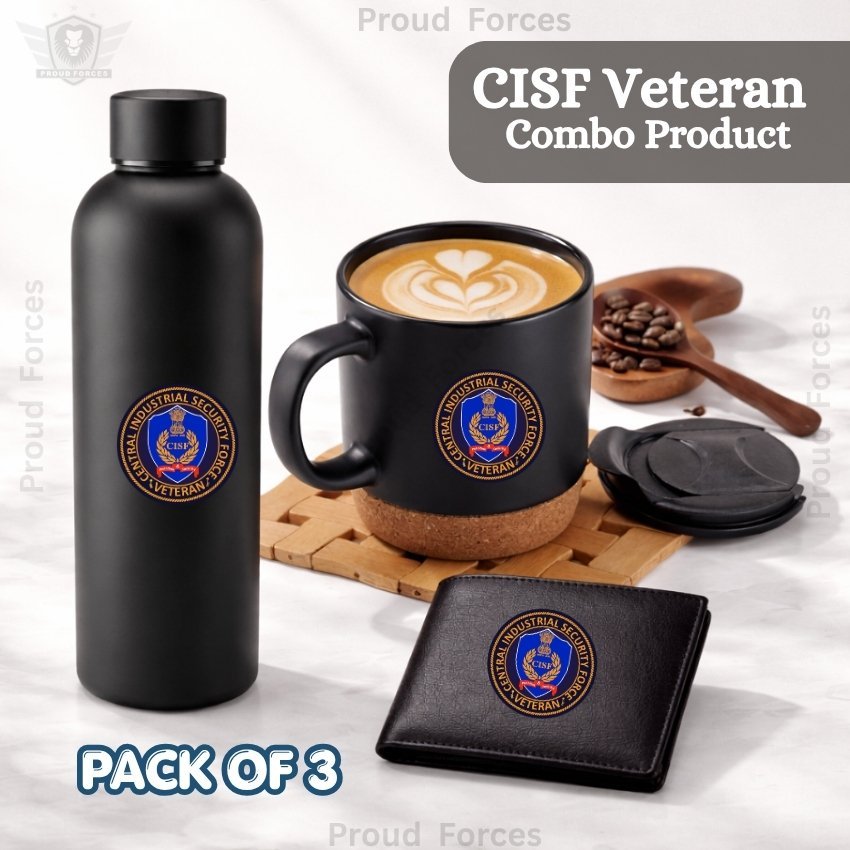 CISF Veteran Premium Combo Pack of 3 – Bottle, Coffee Mug & Leather Wallet