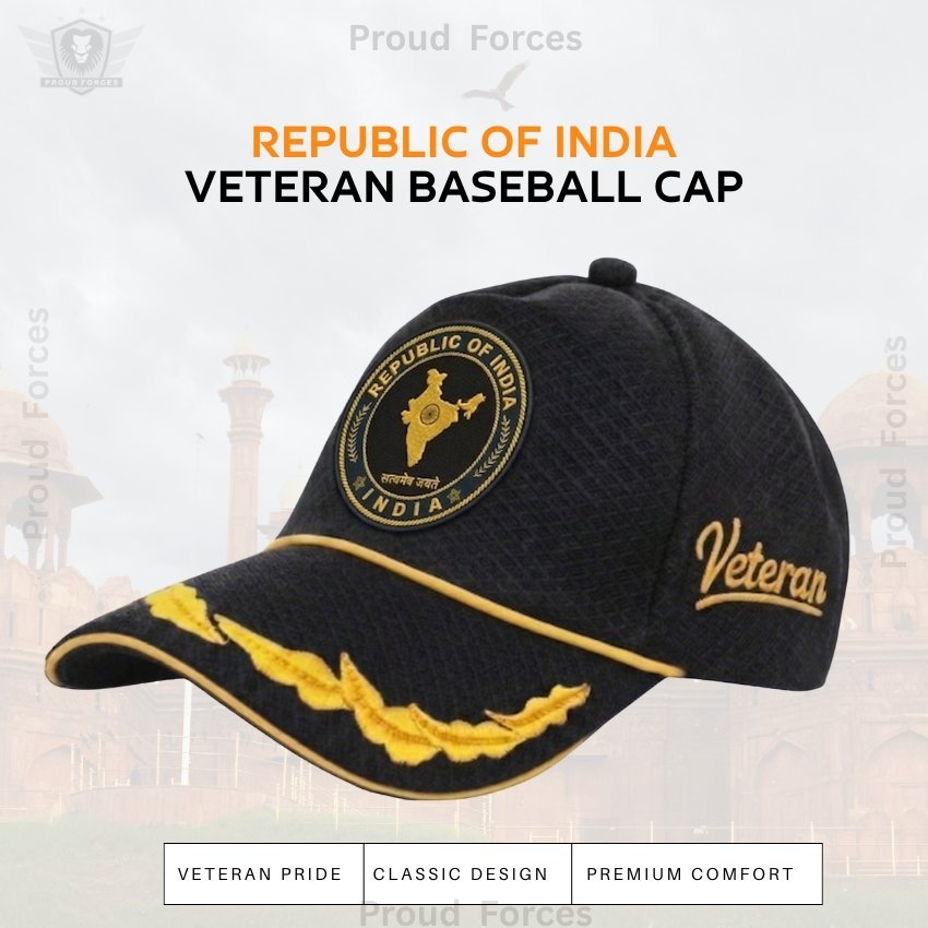 Republic of India Officer Veteran Baseball Cap (Black Color) – Premium Quality