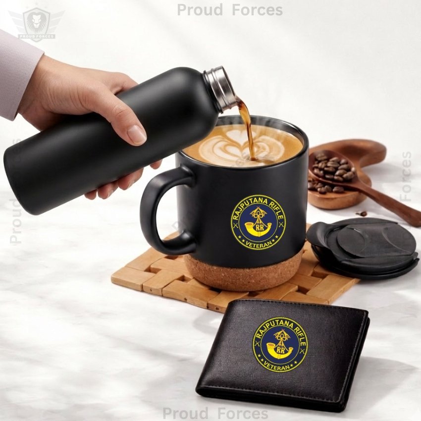 Rajputana rifle veteran Premium Combo Pack of 3 – Bottle, Coffee Mug & Leather Wallet