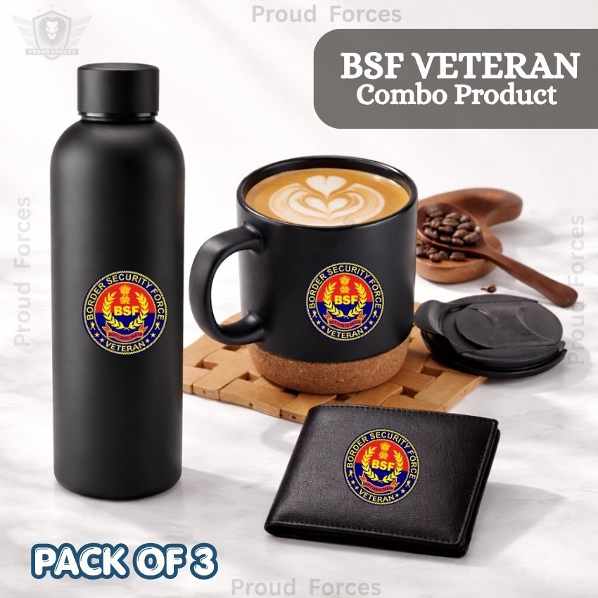 BSF Veteran Premium Combo Pack of 3 – Bottle, Coffee Mug & Leather Wallet