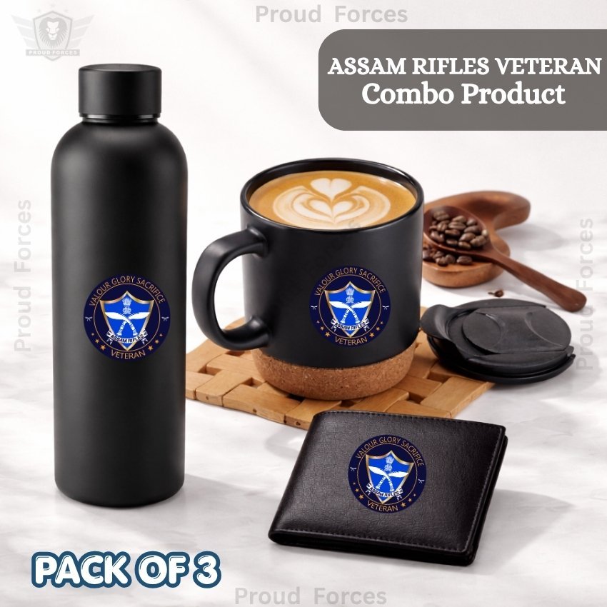 Assam Rifles Veteran Premium Combo Pack of 3 – Bottle, Coffee Mug & Leather Wallet