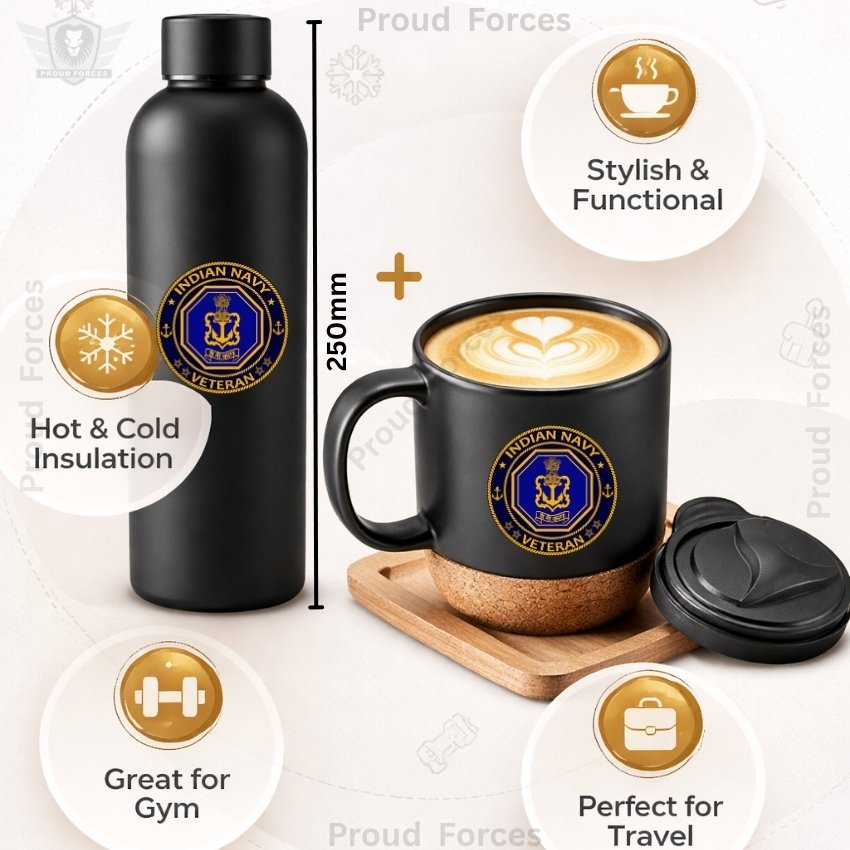 Indian Navy Veteran Matte Finish Bottle & Coffee Mug Combo Set