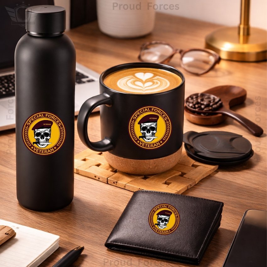 Special Forces Veteran Premium Combo Pack of 3 – Bottle, Coffee Mug & Leather Wallet