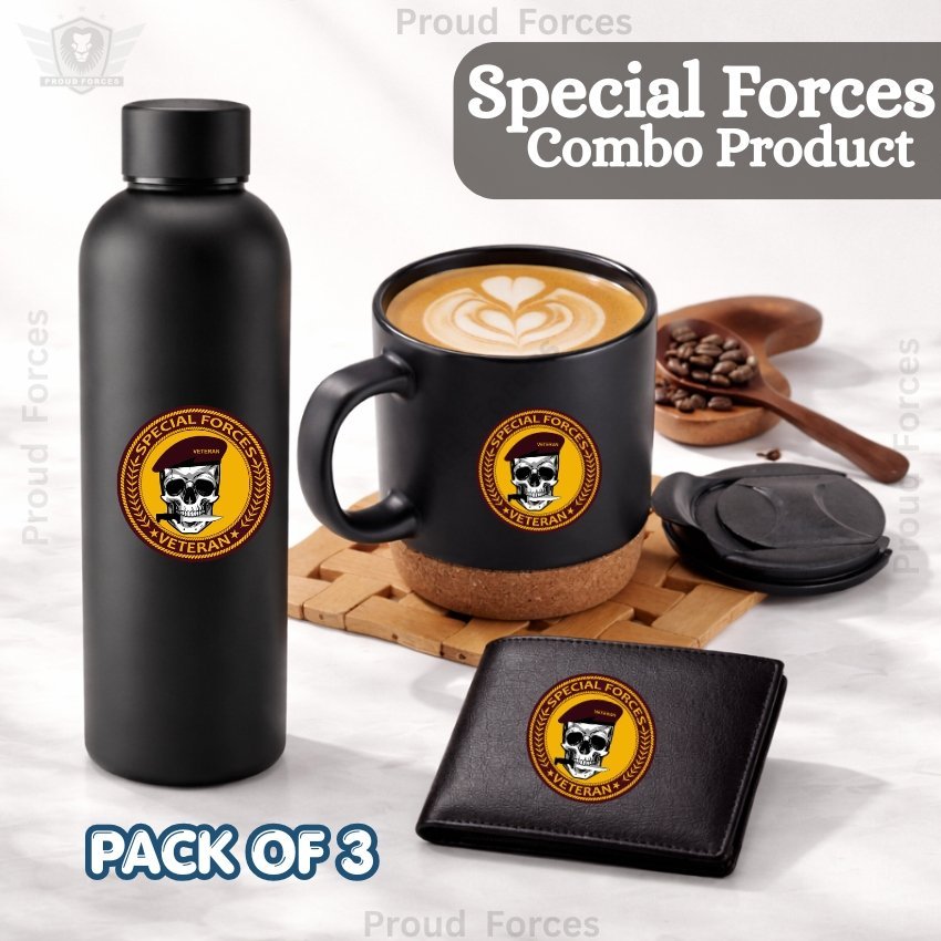 Special Forces Veteran Premium Combo Pack of 3 – Bottle, Coffee Mug & Leather Wallet
