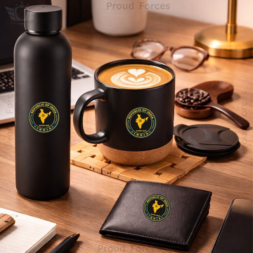 Republic of india Premium Combo Pack of 3 – Bottle, Coffee Mug & Leather Wallet