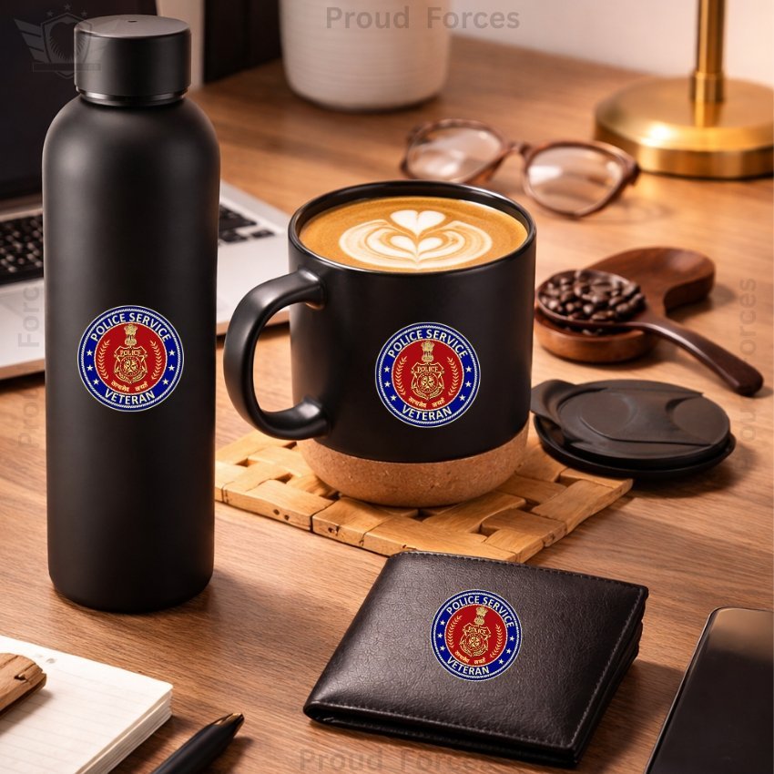 Police Service Veteran Premium Combo Pack of 3 – Bottle, Coffee Mug & Leather Wallet
