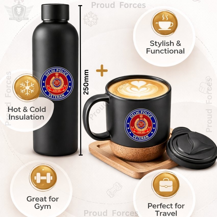 Delhi Police Veteran Matte Finish Bottle & Coffee Mug Combo Set