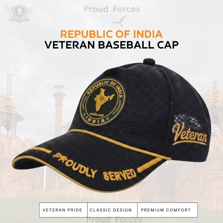 Republic of India Proudly Veteran Baseball Cap (Black Color) – Premium Quality