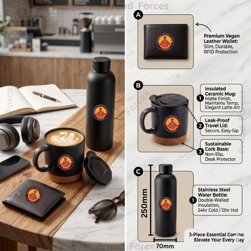 NSG Veteran Premium Combo Pack of 3 – Bottle, Coffee Mug & Leather Wallet