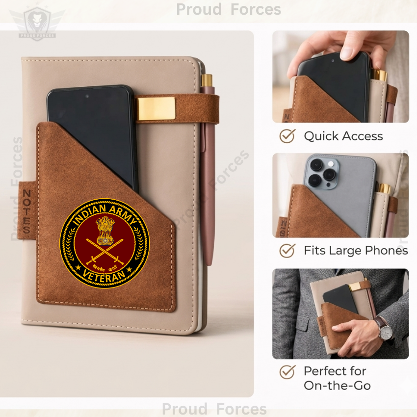 Indian Army Veteran Office Notebook with Phone & Pen Holder