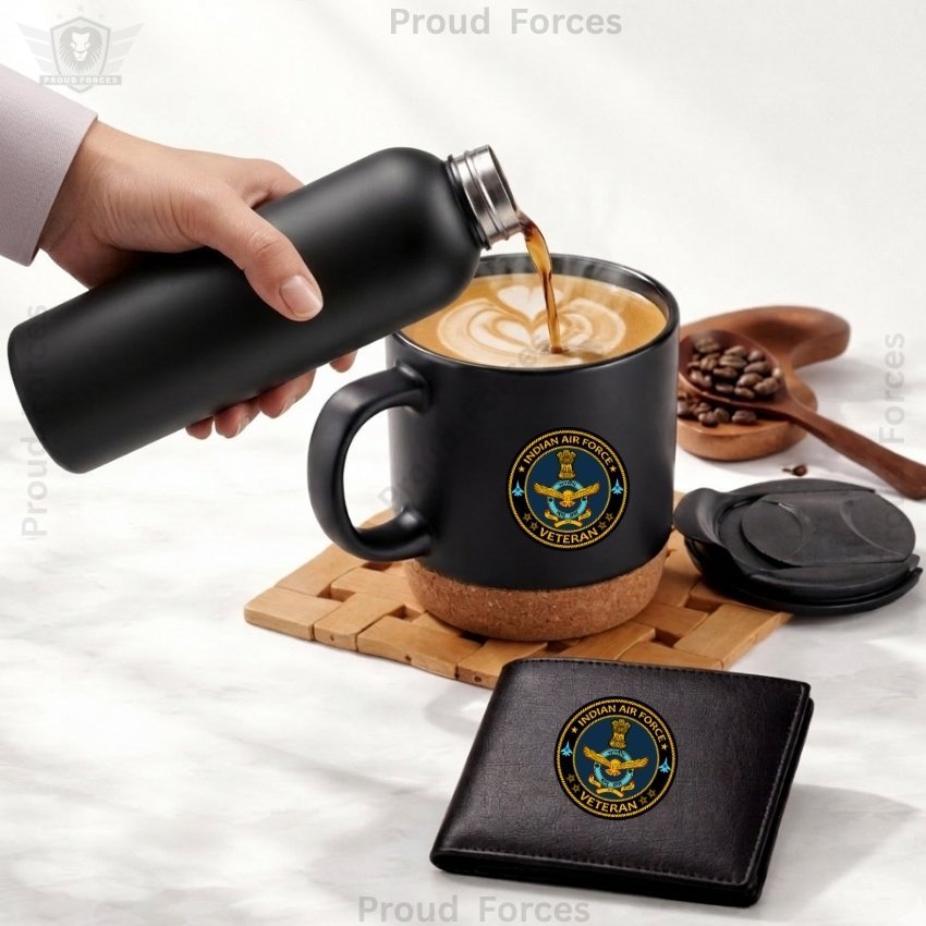 Indian Air Force Veteran Premium Combo Pack of 3 – Bottle, Coffee Mug & Leather Wallet
