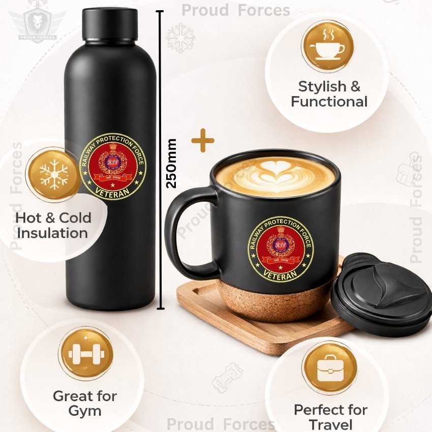 Railway Protection Force (RPF) Veteran Matte Finish Bottle & Coffee Mug Combo Set