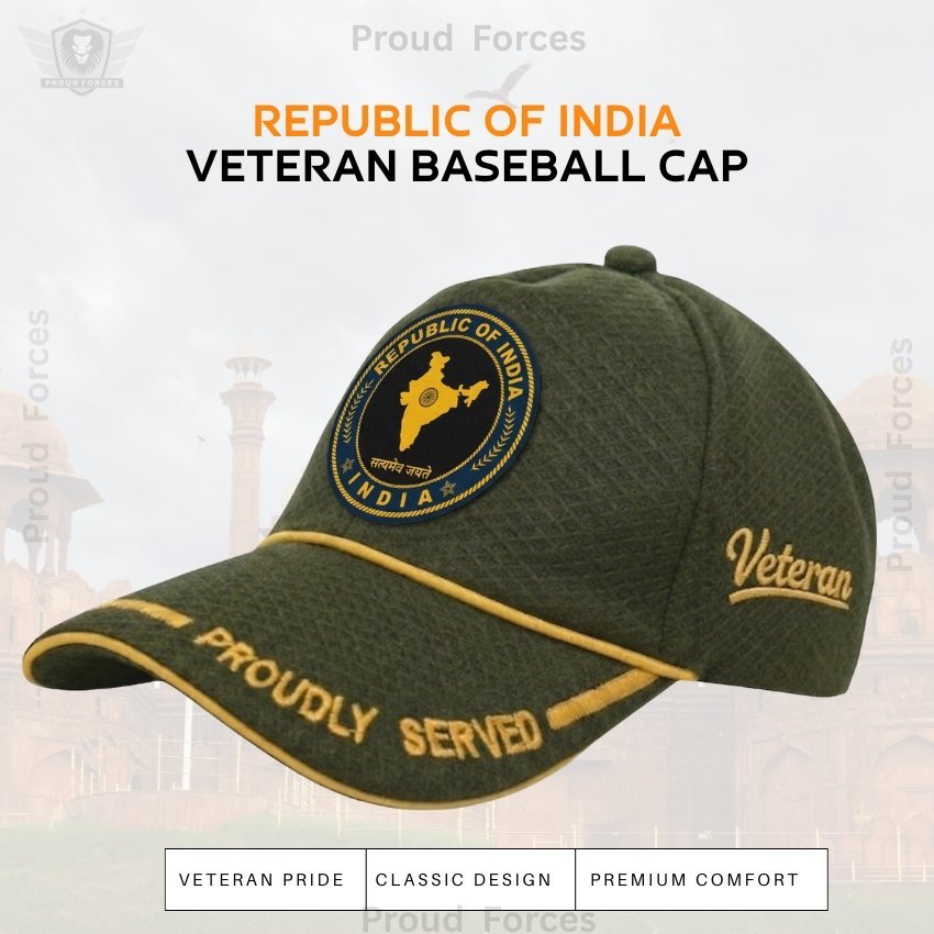 Republic of India Proudly Veteran Baseball Cap (Olive Green Color) – Premium Quality