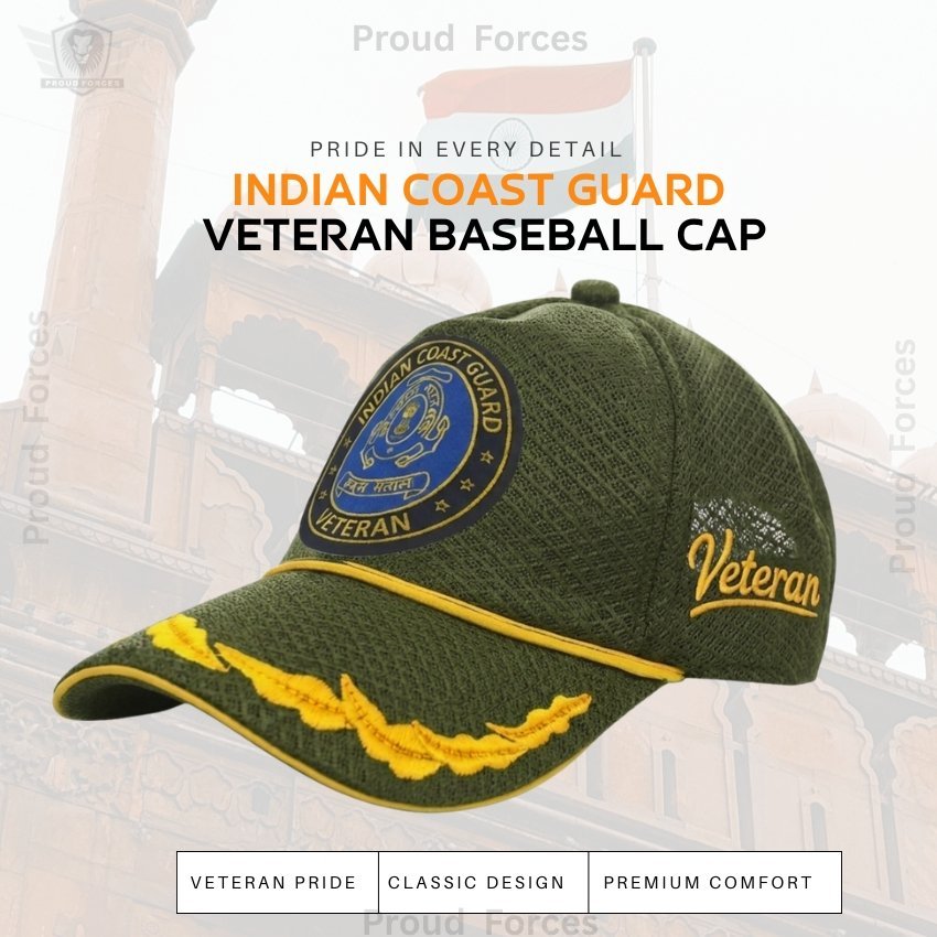 Indian Coast Guard (ICG) Officer Veteran Baseball Cap (Olive Green Color) - Premium Quality