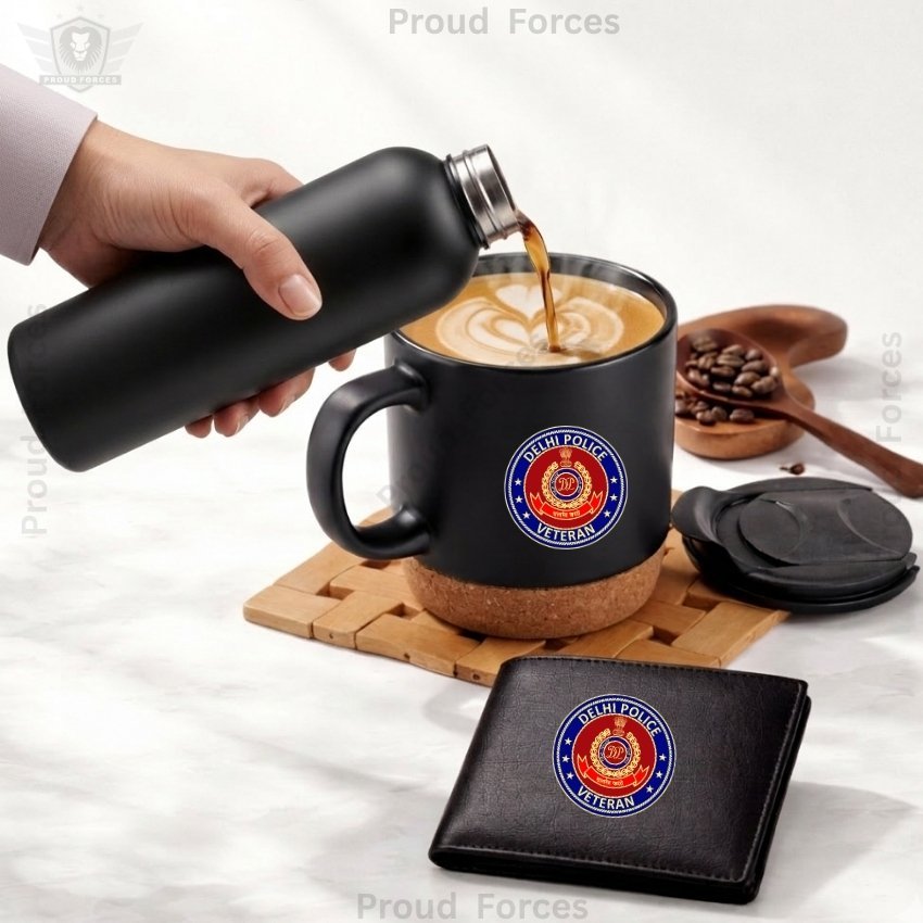 Delhi Police Veteran Premium Combo Pack of 3 – Bottle, Coffee Mug & Leather Wallet
