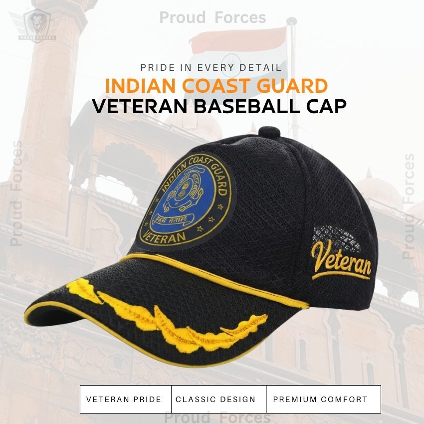 Indian Coast Guard (ICG) Officer Veteran Baseball Cap (Black Color) - Premium Quality