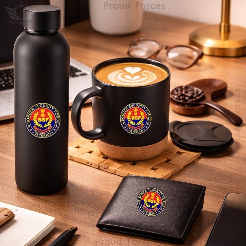 BSF Veteran Premium Combo Pack of 3 – Bottle, Coffee Mug & Leather Wallet