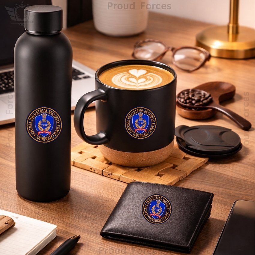 CISF Veteran Premium Combo Pack of 3 – Bottle, Coffee Mug & Leather Wallet