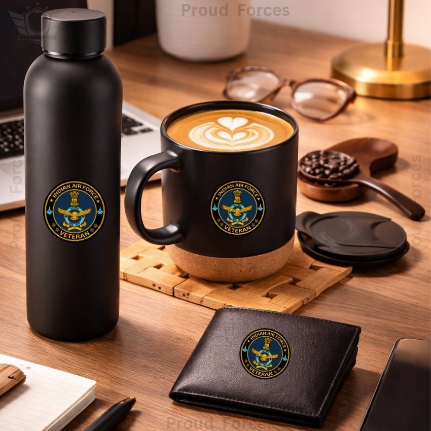 Indian Air Force Veteran Premium Combo Pack of 3 – Bottle, Coffee Mug & Leather Wallet