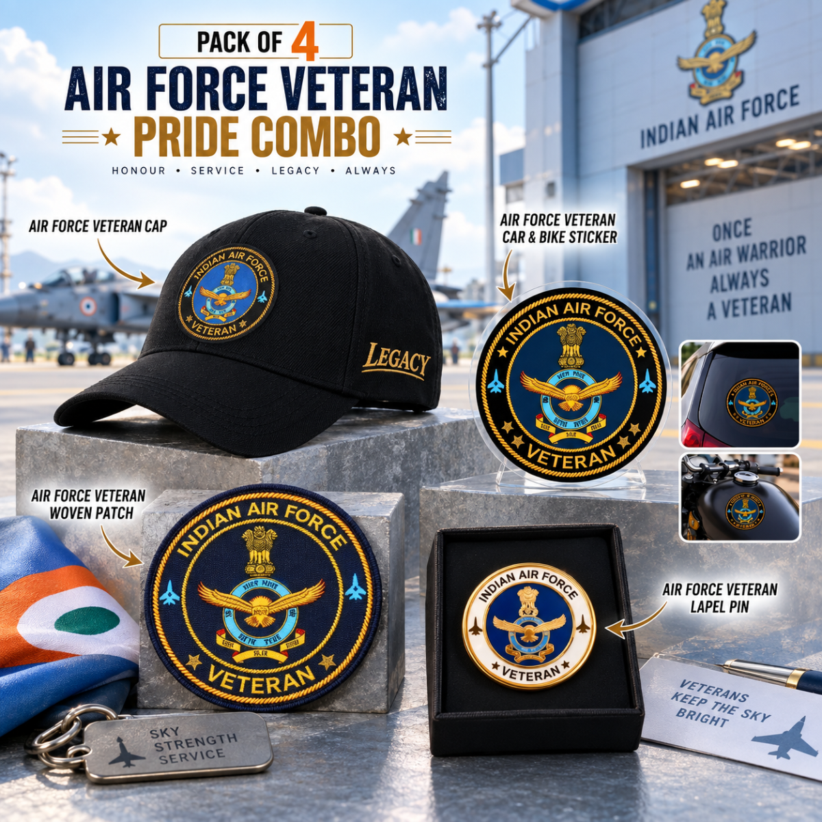 Indian Air Force Veteran Pure Cotton Cap, Stickers, Patch & Pin Combo Pack