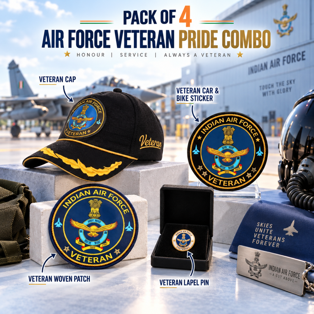 Indian Air Force Officer Veteran Cap, Stickers, Patch & Pin Combo Pack