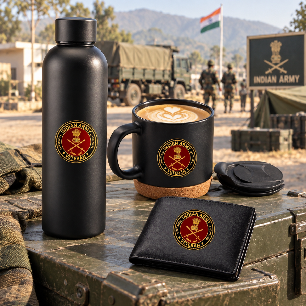 ARMY Veteran Premium Combo Pack of 3 – Bottle, Coffee Mug & Leather Wallet