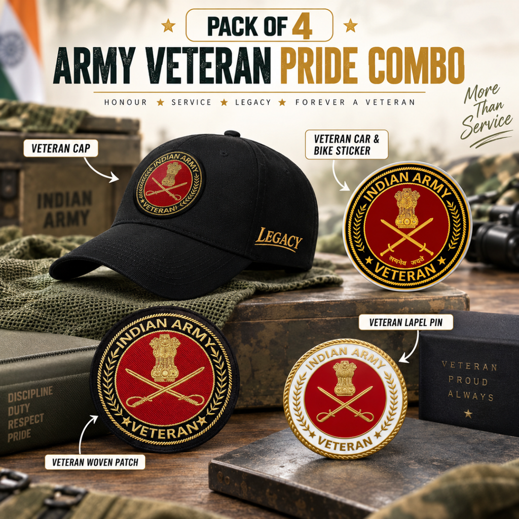 Indian Army Veteran Pure Cotton Cap, Stickers, Patch & Pin Combo Pack
