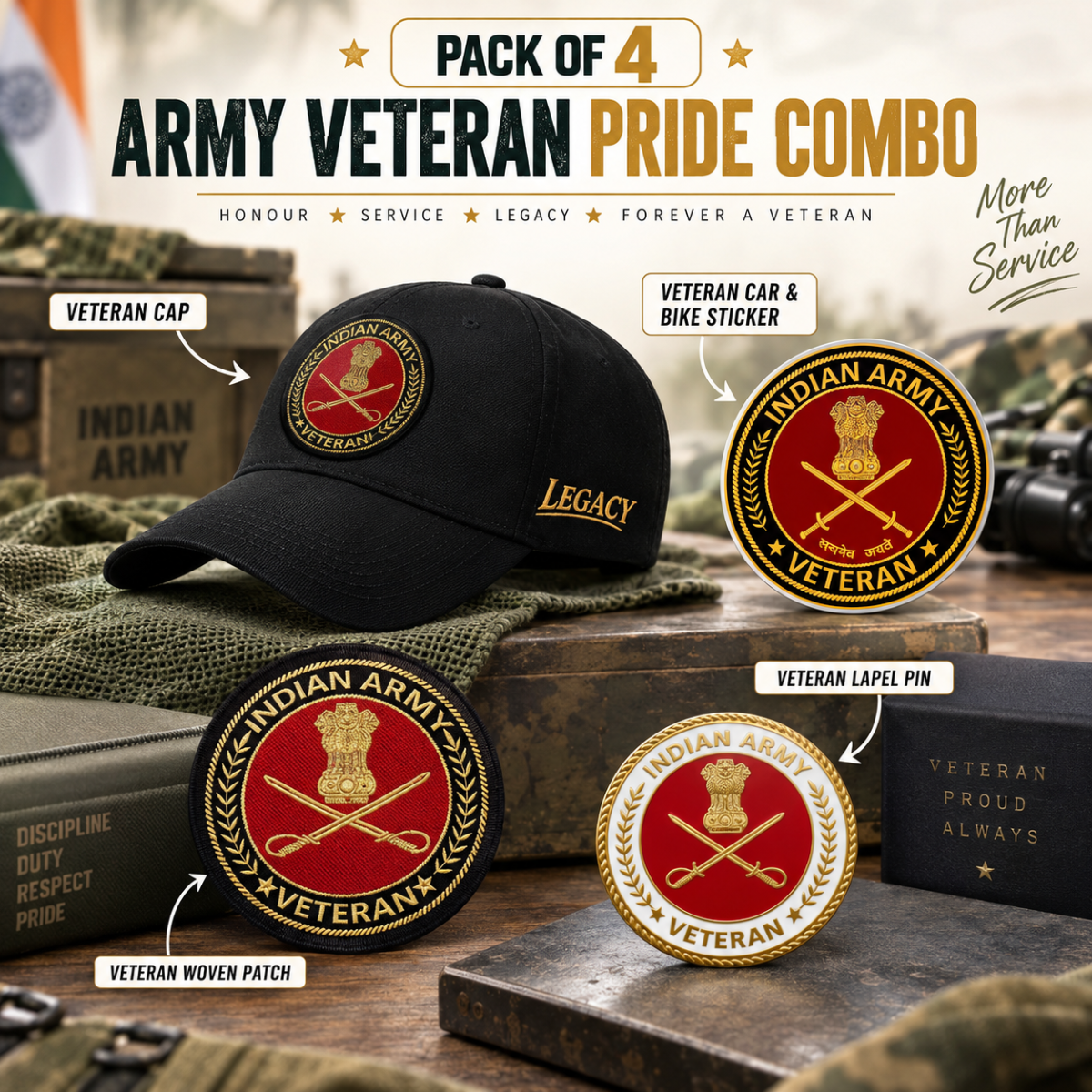 Indian Army Veteran Pure Cotton Cap, Stickers, Patch & Pin Combo Pack