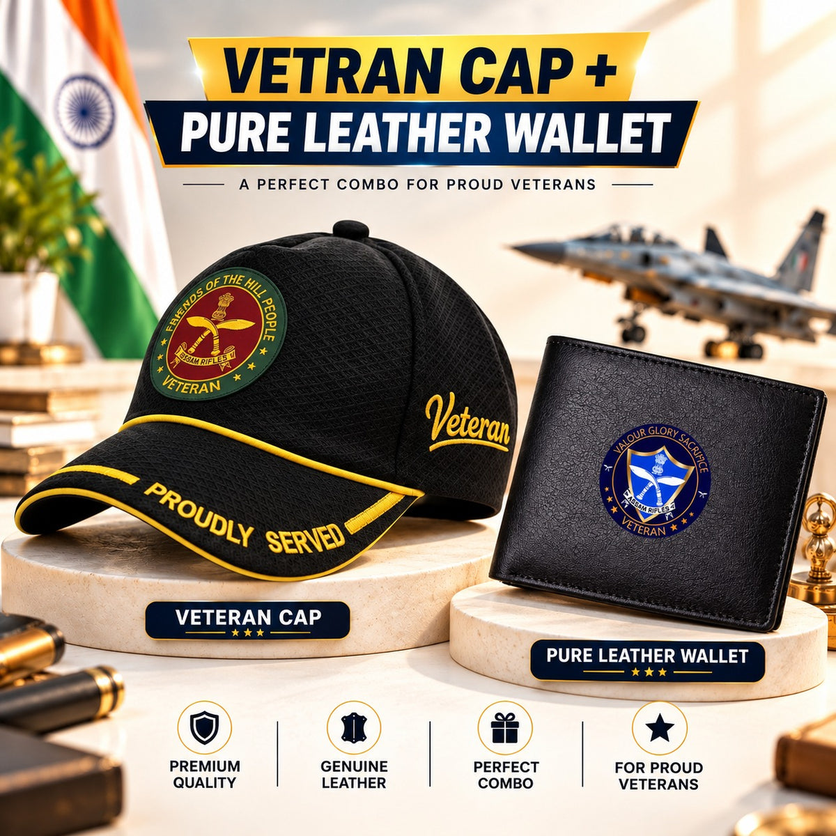 Assam Rifles Veteran Black Cap & Black Leather Wallet Combo – Premium Classic Edition