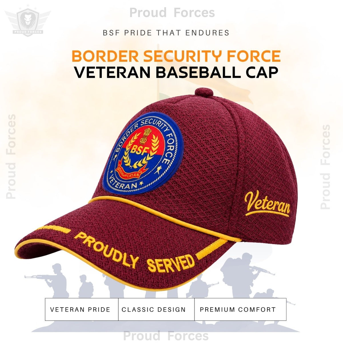 BSF Proudly Baseball Cap for Veterans(Maroon Color)- Premium Quality