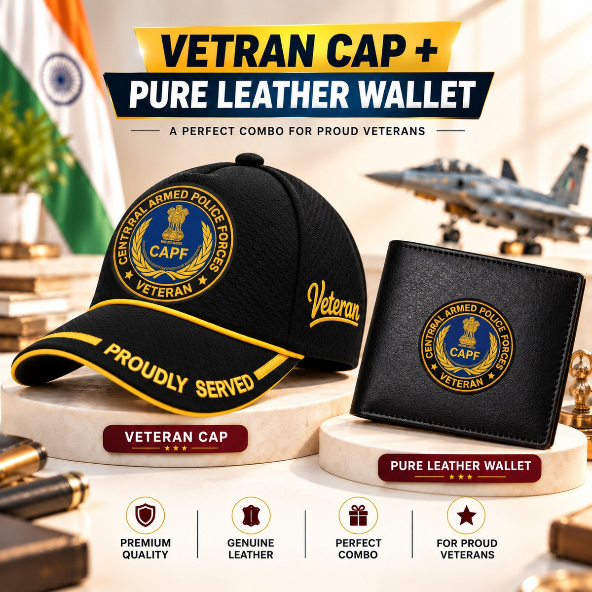 CAPF Veteran Black Cap & Black Leather Wallet Combo – Premium Classic Edition