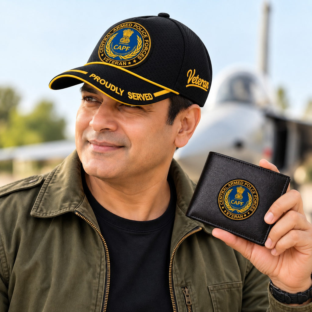 CAPF Veteran Black Cap & Black Leather Wallet Combo – Premium Classic Edition