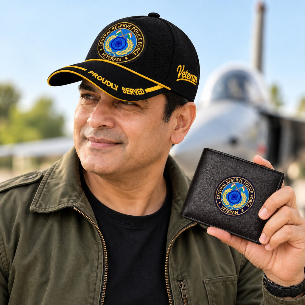 CRPF Veteran Black Cap & Black Leather Wallet Combo – Premium Classic Edition