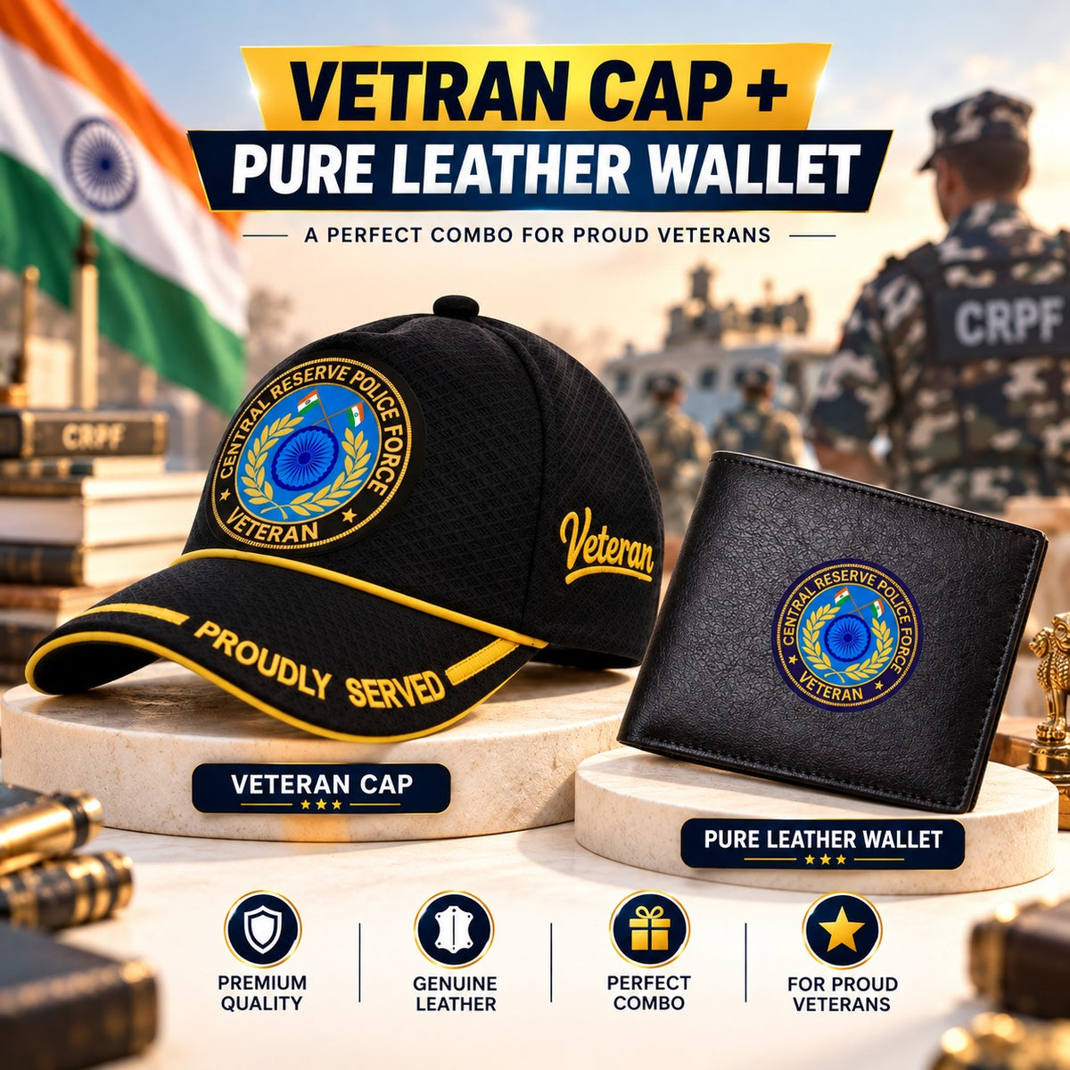 CRPF Veteran Black Cap & Black Leather Wallet Combo – Premium Classic Edition