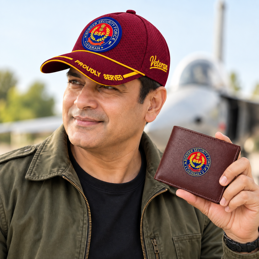 BSF Veteran Maroon Cap & Brown Leather Wallet Combo – Premium Classic Edition