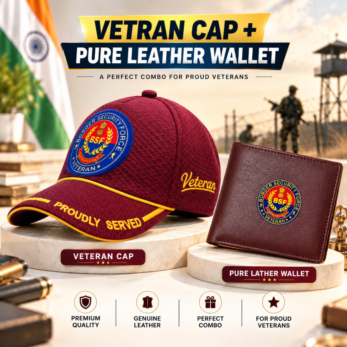 BSF Veteran Maroon Cap & Brown Leather Wallet Combo – Premium Classic Edition