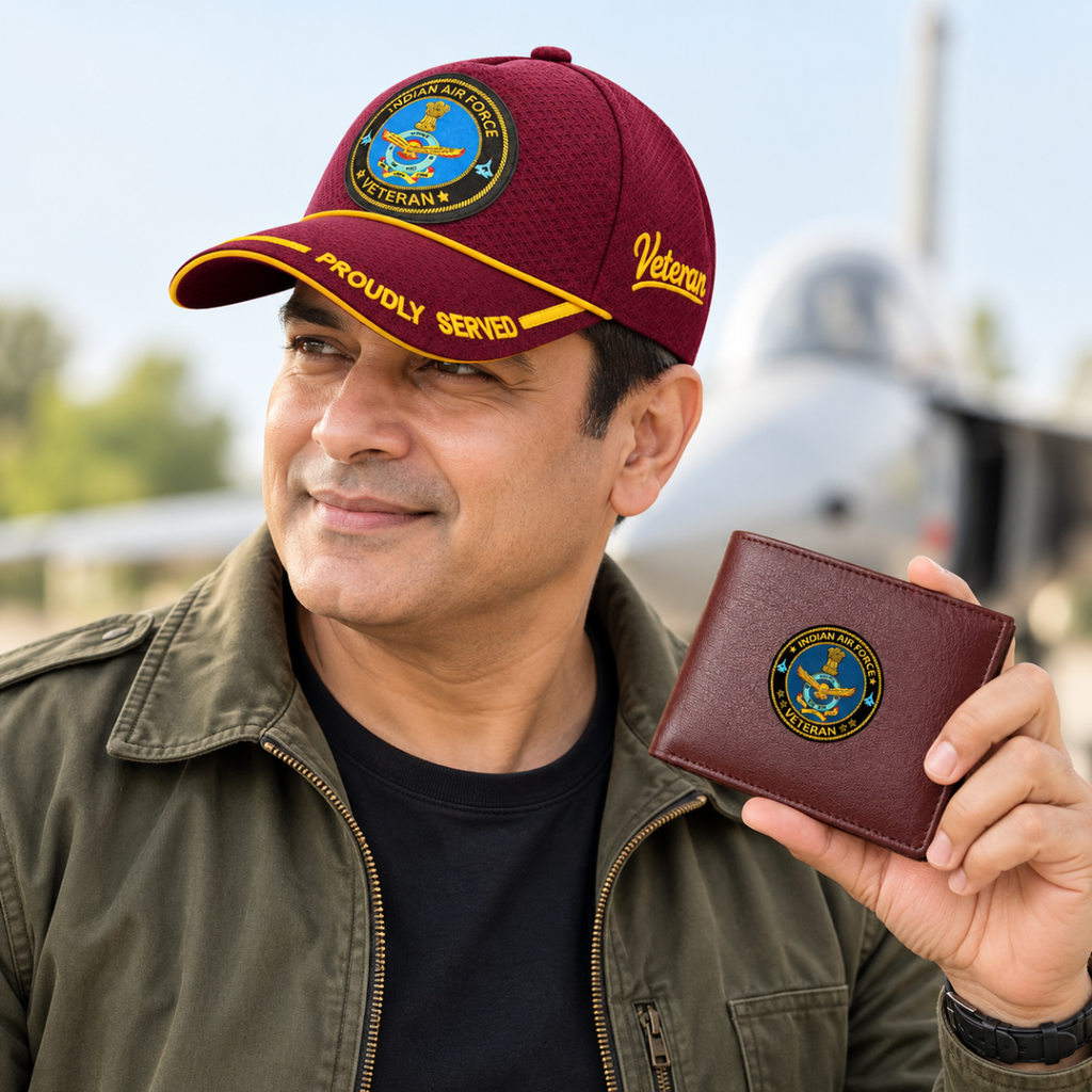 Indian Air Force Veteran Maroon Cap & Brown Leather Wallet Combo – Premium Classic Edition