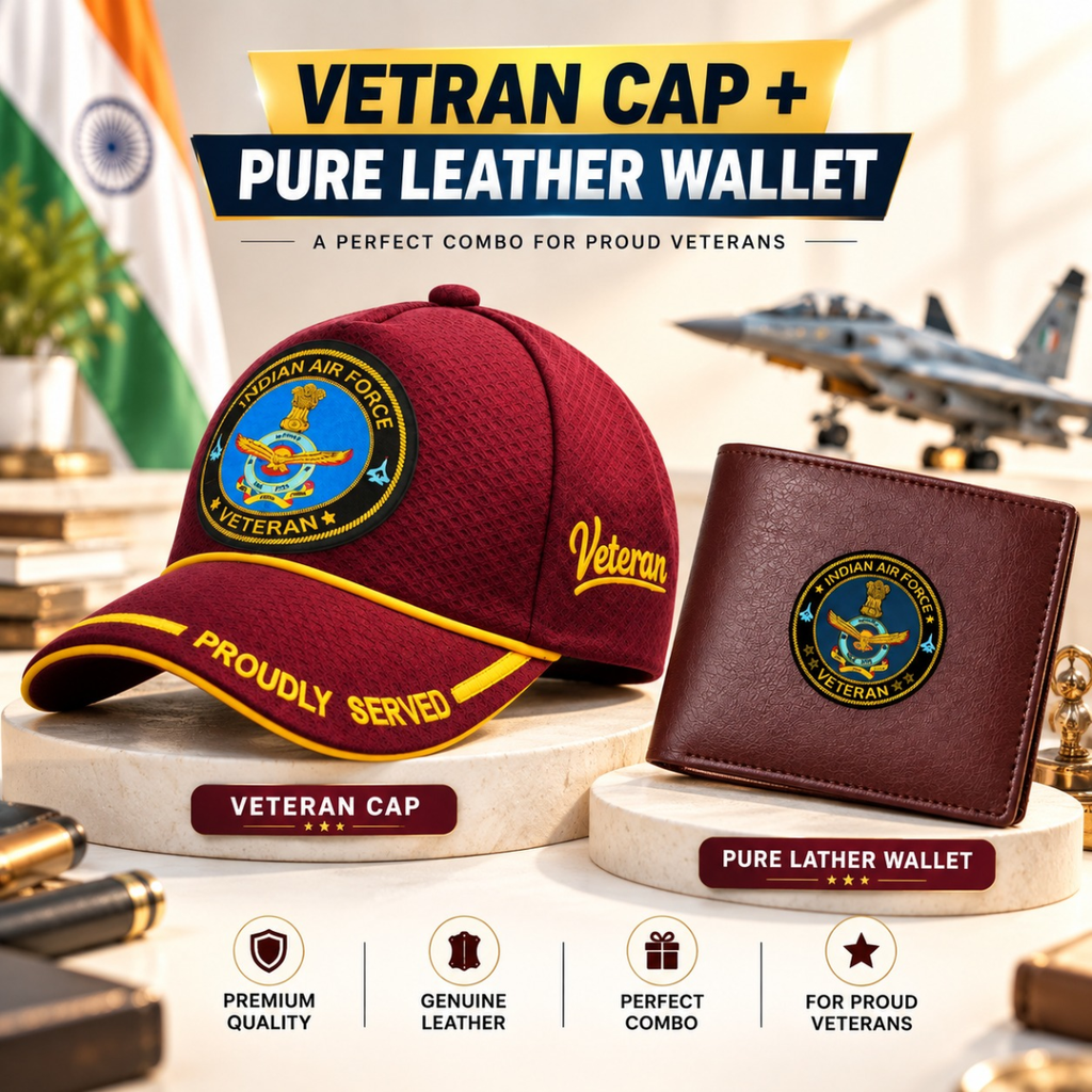 Indian Air Force Veteran Maroon Cap & Brown Leather Wallet Combo – Premium Classic Edition