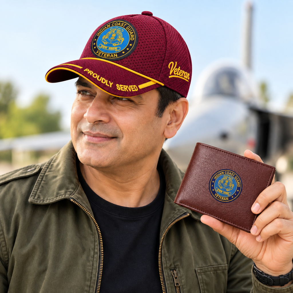 Indian Coast Guard Veteran Maroon Cap & Brown Leather Wallet Combo – Premium Classic Edition