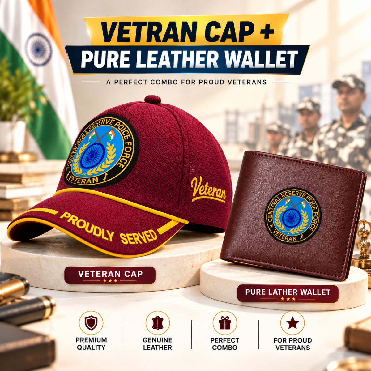 CRPF Veteran Maroon Cap & Brown Leather Wallet Combo – Premium Classic Edition