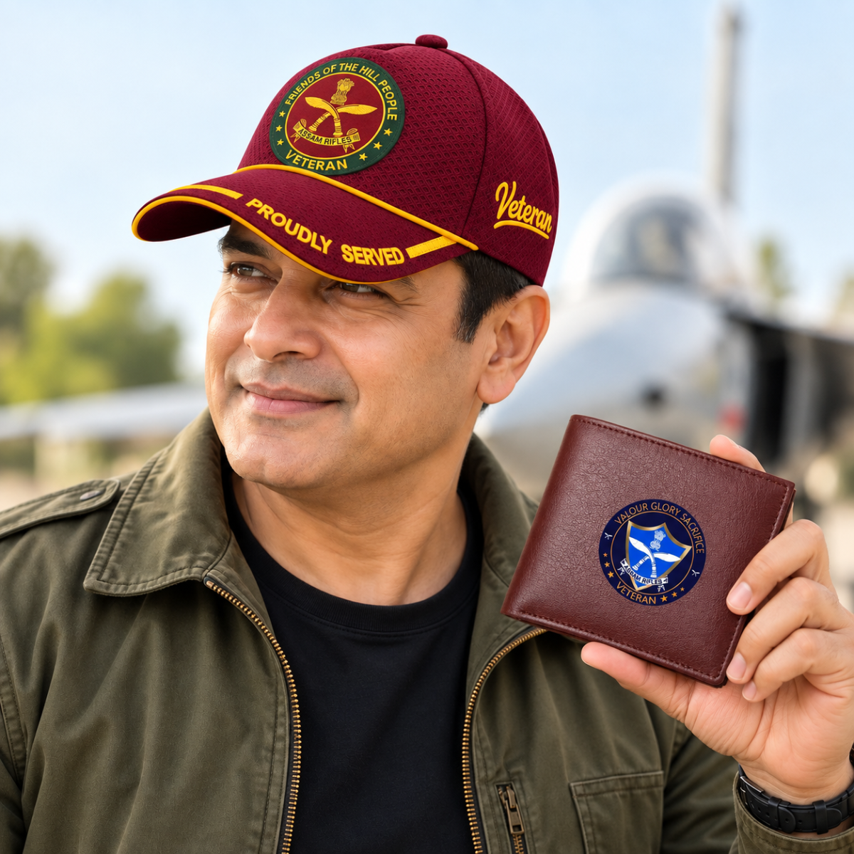 Assam Rifles Veteran Maroon Cap & Brown Leather Wallet Combo – Premium Classic Edition