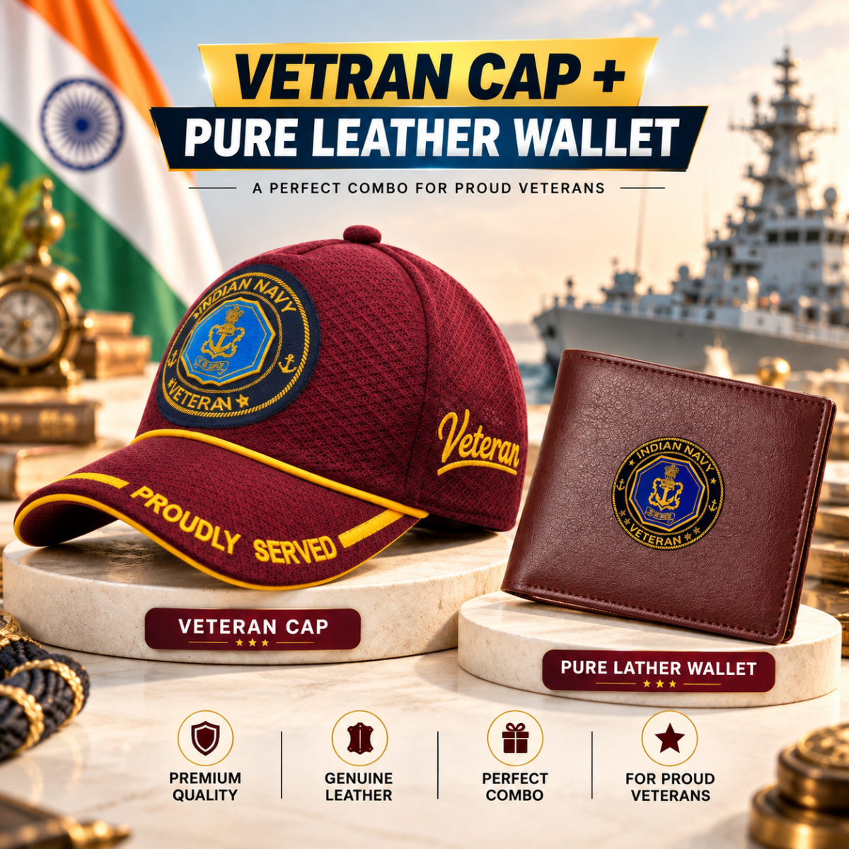 Indian Army Veteran Maroon Cap & Brown Leather Wallet Combo – Premium Classic Edition