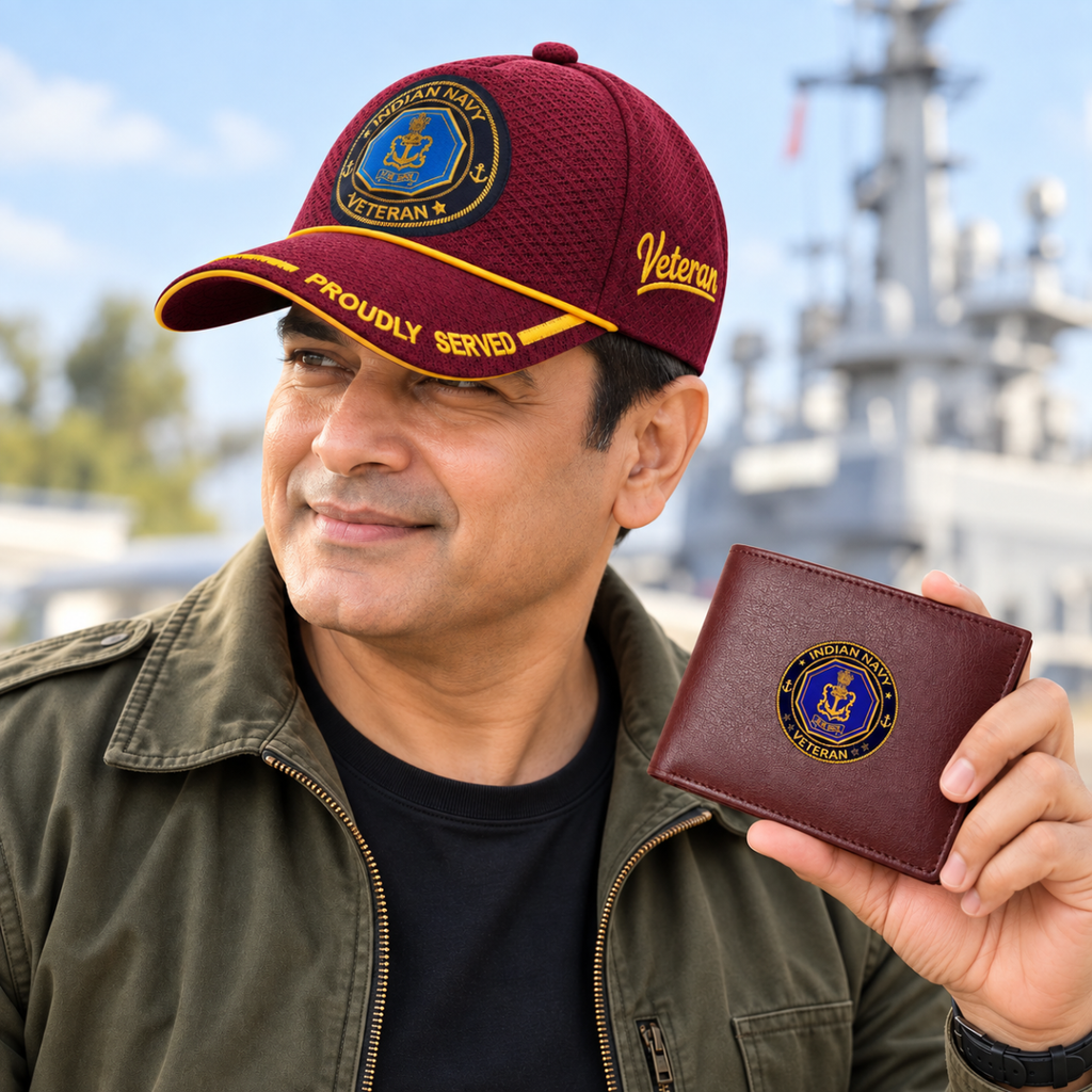 Indian Navy Veteran Maroon Cap & Brown Leather Wallet Combo – Premium Classic Edition