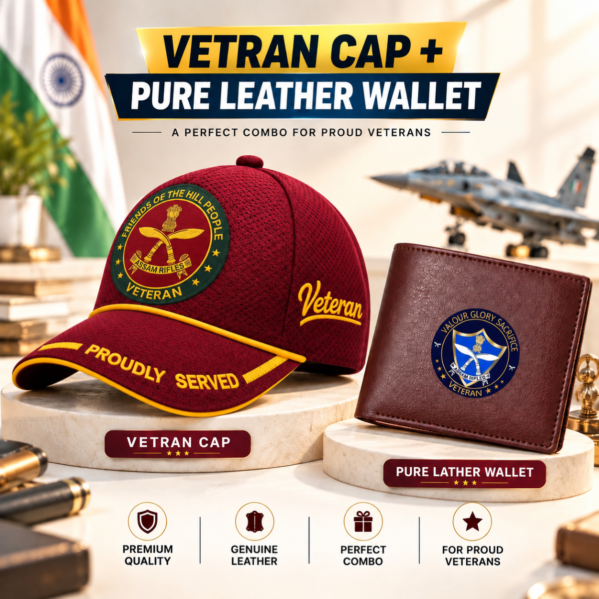 Assam Rifles Veteran Maroon Cap & Brown Leather Wallet Combo – Premium Classic Edition