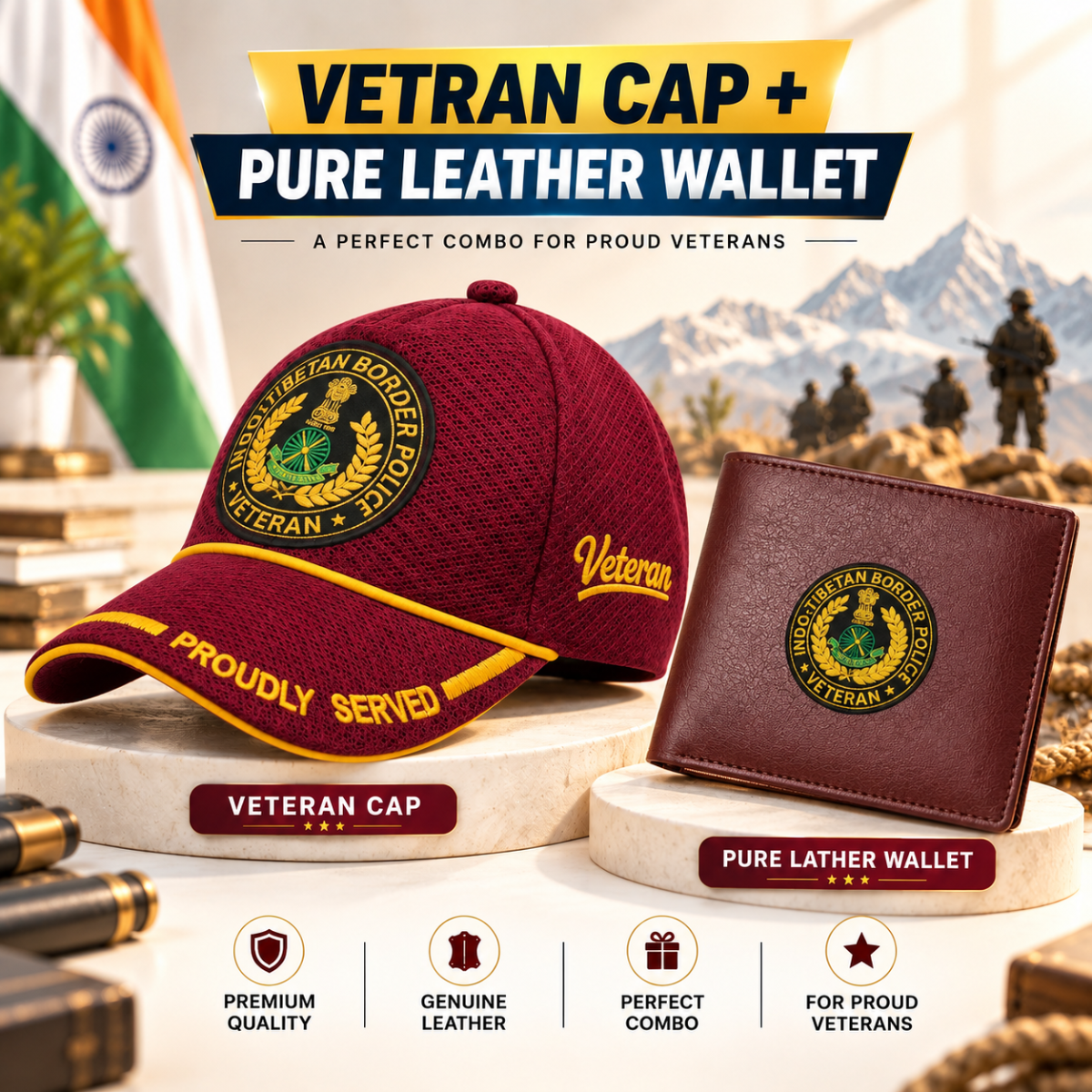 ITBP Veteran Maroon Cap & Brown Leather Wallet Combo – Premium Classic Edition