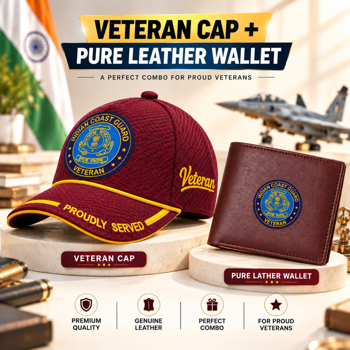 Indian Coast Guard Veteran Maroon Cap & Brown Leather Wallet Combo – Premium Classic Edition