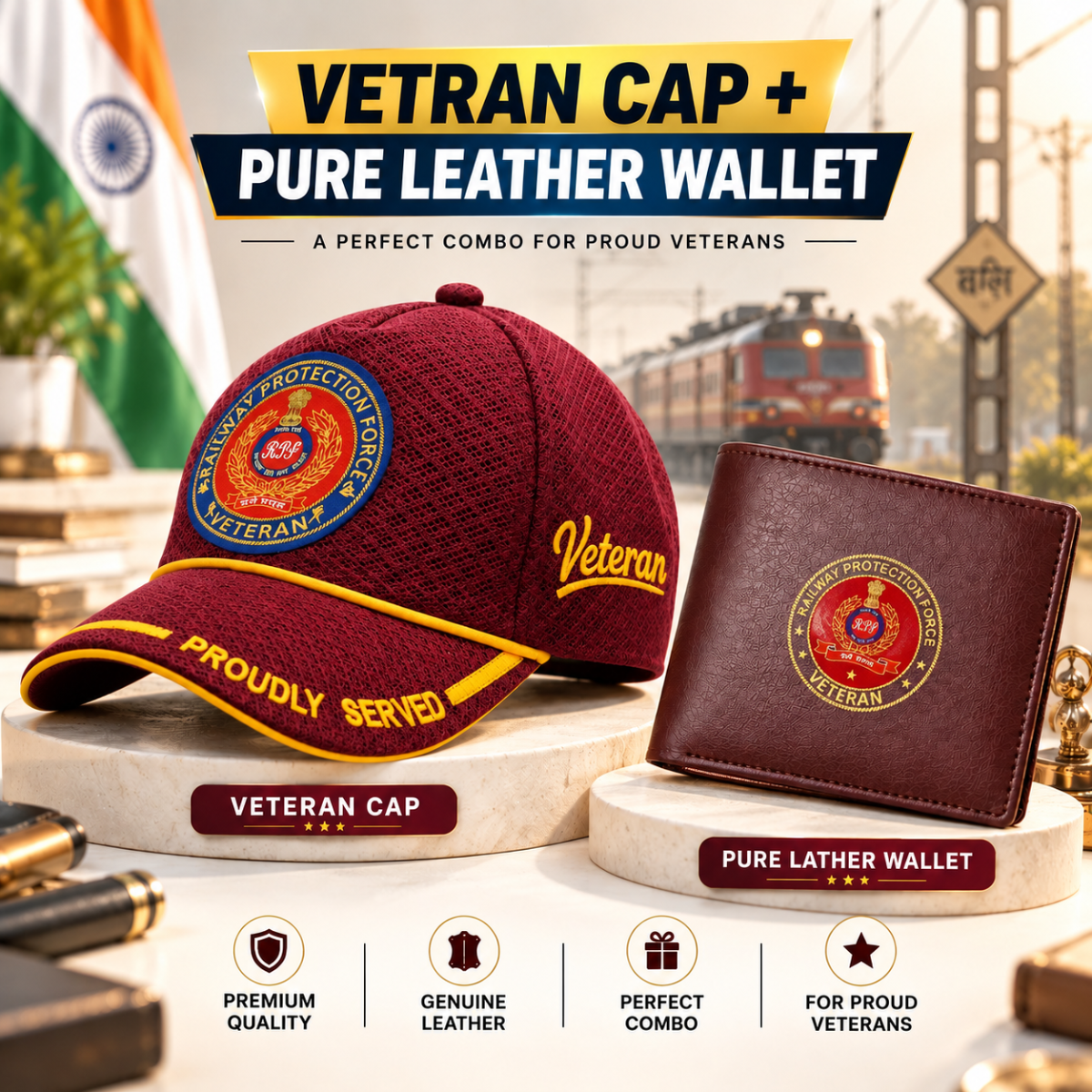 RPF Veteran Maroon Cap & Brown Leather Wallet Combo – Premium Classic Edition