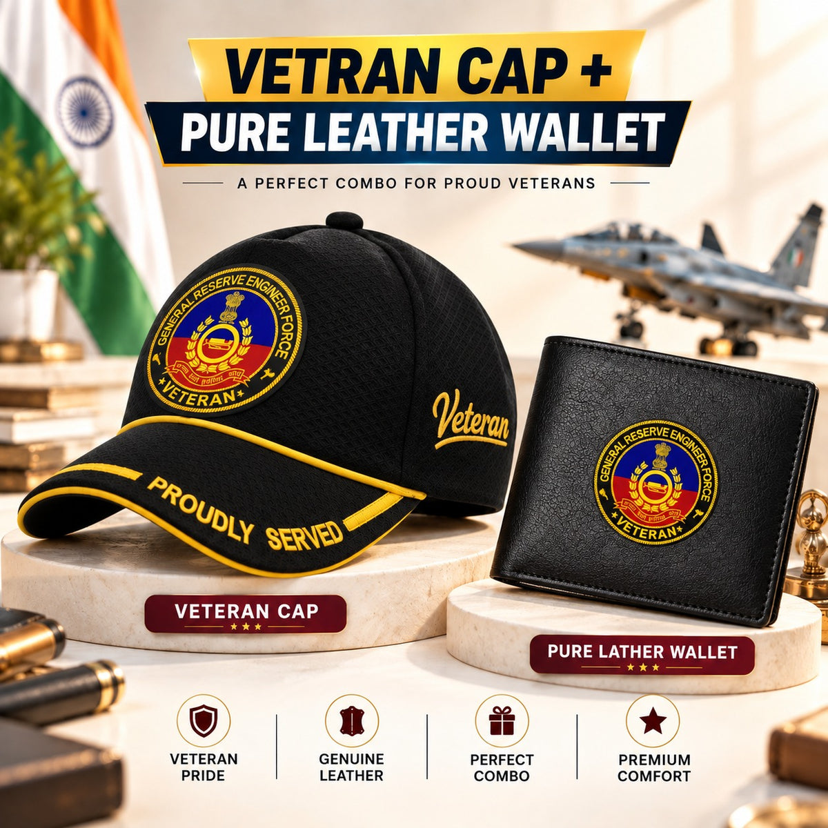 GREF Veteran Black Cap & Black Leather Wallet Combo – Premium Classic Edition